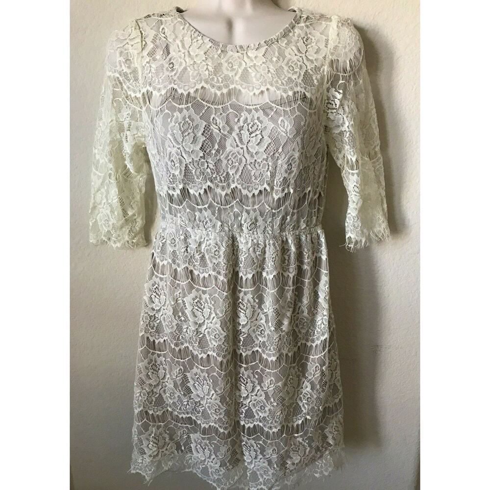 ASOS En Creme Ivory Beige Layered Eyelash Lace 3/4 Sleeve Women's Dress Size S